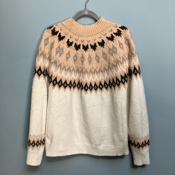 Rachel Zoe Womens XL Fair Isle Fisherman’s Mock Neck  Cream Tan Sweater - Picture 3 of 5